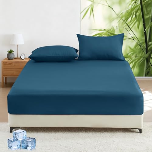 LINENOVA Bamboo Cooling Fitted Sheet Double (1 Piece)- 2000TC Ultra Soft & Breathable, Ideal for Hot Sleepers, 40cm Deep Pocket, All-Season Comfort - Biscay Blue