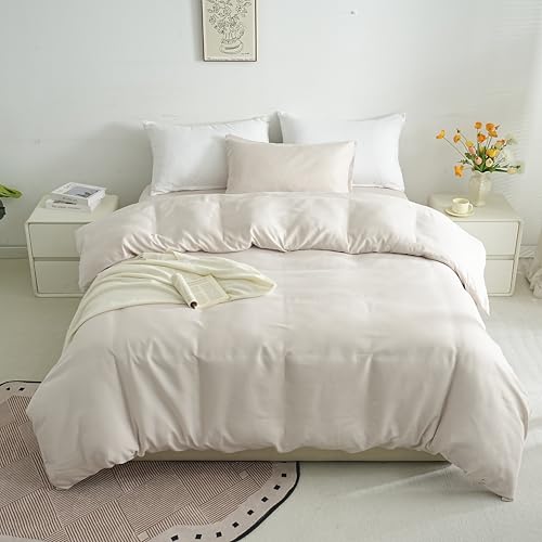 AYSW Ropa de cama de microfibra cepillada, funda nórdica y funda de almohada con cremallera, 155 x 220 cm y funda de almohada de 40 x 80 cm, color beige