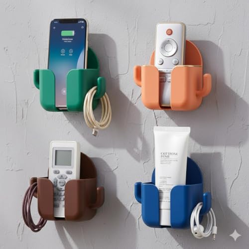 Image of karomouj Wall Mounted Mobile Charging Holder & Desktop Mobile Stand Combo Pack of 2 | ABS Phone & Remote Organizer | Self-Adhesive Wall Mount Holder with 2 Compartments | Home, Office & Bedroom