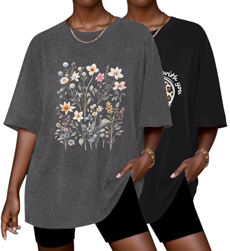 Image of Ekouaer 2 Pack Womens Tops Short Sleeve Oversized T Shirts Summer Spring Tops 2025 Basic Casual Tee Top S-XXL