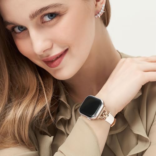 Image of Leather Band Compatible with Apple Watch Bands for Women, Dressy Fancy Strap for iWatch Series 11 /10 /9 /8 /7 /6 /5 /4 /3 /2 /1 /se /Ultra /Ultra 2(49mm 46mm 45mm 44mm 42mm,Starlight /Rose Gold)