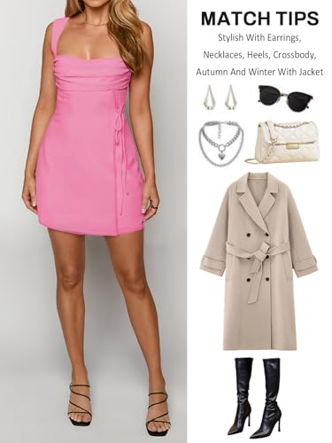 Image of Women's Sexy Ruched Mesh Midi Short Dresses for Women Square Neck Fitted Elegant Club Party Cocktail Dress