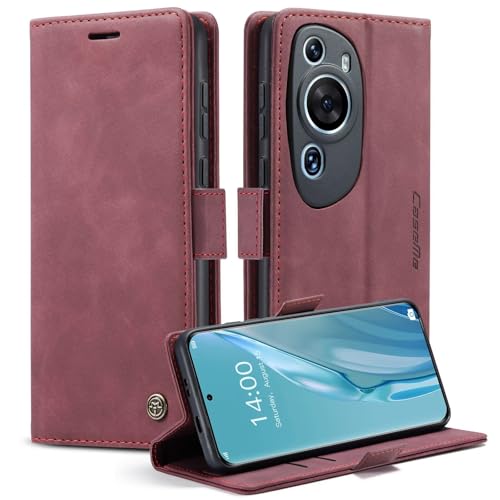 xinyunew Funda para Huawei P60 Art,Avanzado PU Piel Carcasa [Soporte Plegable][Ranura para Tarjeta][Cierre Magnético] Antigolpes Libro Funda para Huawei P60 Art-Vino Rojo