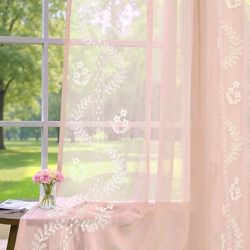 Image of jinchan Floral Sheer Curtains, Back Tab 50x96 Inch, 2 Panels Pink