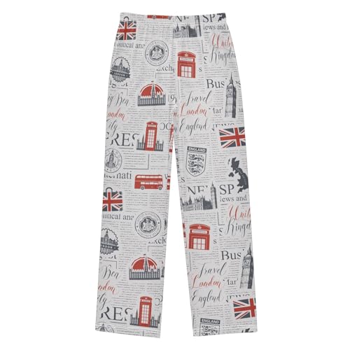 ZZXXB British Newspaper Print Boys Long Pants Soft Trousers Elastic Waist Kids Lounge Bottoms with Pockets S-XL