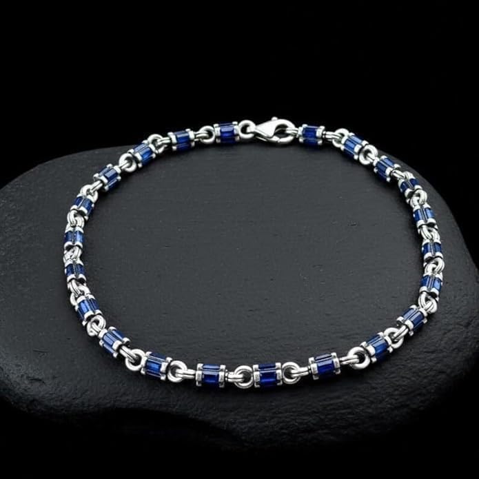Mercan Silver Men Sapphire Gemstone Handmade Link Chain Bracelet