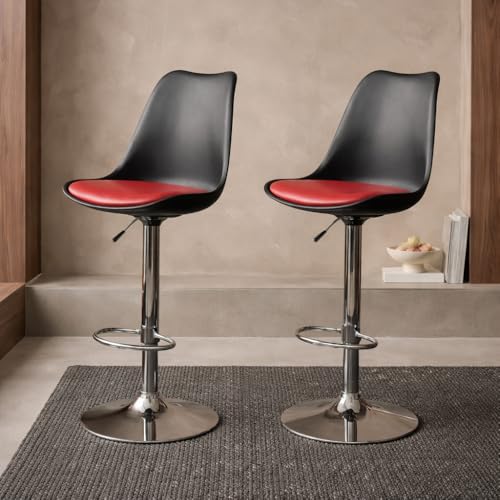 Image of RW Rapid Bar Stool Chair with Height Adjustable Design, Padded Seat & Footrest | Modern Metal Counter Stool for Kitchen, Home, Bar & Cafe Seating | Durable Comfort Chair (Black & Red, Set of 2)