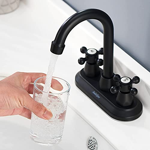 Anleijur Black Bathroom Faucets 4 Inch 2 Handle Centerset Matte Black Bathroom Sink Faucet 360° Swivel Lead-Free RV Bathroom Faucet Stainless Steel