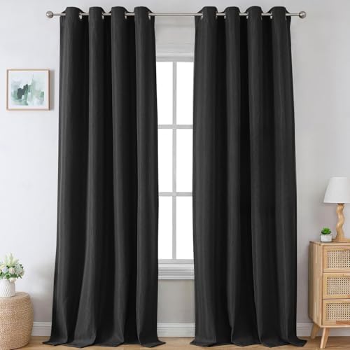 H.VERSAILTEX Linen Blackout Curtains 96 Inches Long for Bedroom/Living Room Thermal Insulated Grommet Curtain Drapes Primitive Textured Linen Burlap Effect Window Draperies 2 Panels - Heather Black