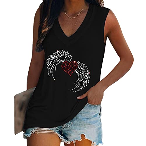 Womens Tank Tops Women's Iron-On Diamonds Graphic Shirts Tank Tops Casual Sleeveless Summer Tops Holiday Tee Shirt Large 01-Black #TOP1