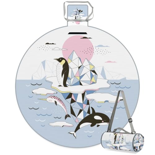 Shimoshe Dolphin Penguin Picnic Outdoor Blanket Foldable Waterproof Sandproof Beach Blanket Portable Water-Resistant Round Picnic Mat for Travel Camping Park Lawn