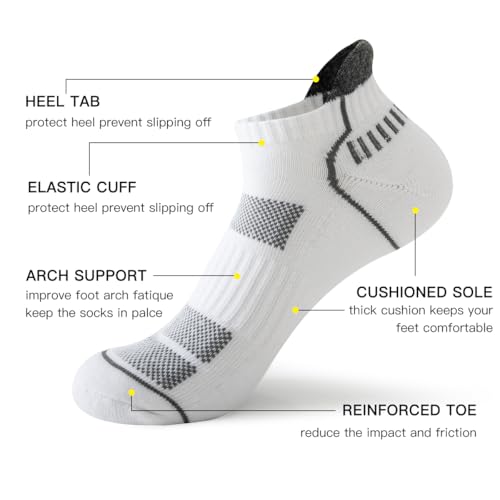 JOYNÉE 10 Pairs Mens ankle running socks mens athletic low cut socks with Tab,White,Sock Size:13-152