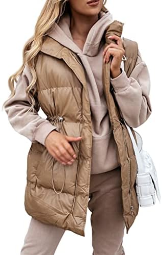Uifely Women Long Puffer Vest Outerwear Sleeveless Drawstring Puffy Jacket Coat Zipper Quilted Vest with Pockets