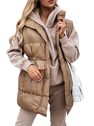 Uifely Women Long Puffer Vest Outerwear Sleeveless Drawstring Puffy Jacket Coat Zipper Quilted Vest With Pockets #TOP3