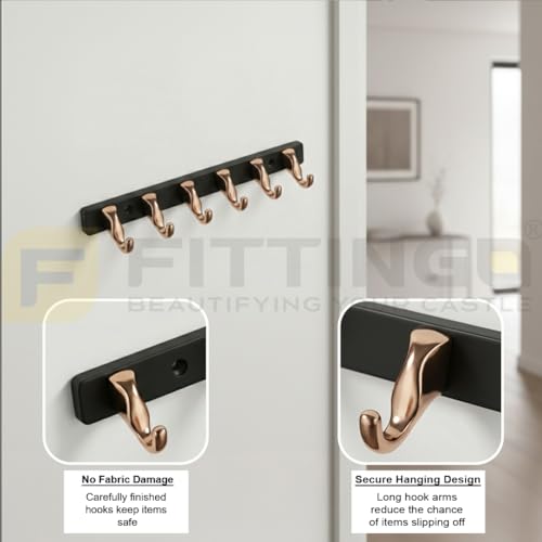 Image of 6 Hook Modern Bathroom Hooks for Hanging /Cloth Hooks for Door Back Side /Cloth Hanger for Wall (Rose Gold with Black) Pack of 2-| 3 Years Warranty |