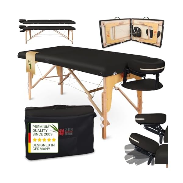 Zen Table de Massage Pliante professionelle - lit esthetique Table Tatouage, Extension de Cils en Bois et Hauteur réglable, Portable avec Appui-tête réglable, accoudoirs, Sac de Transport (Noir)