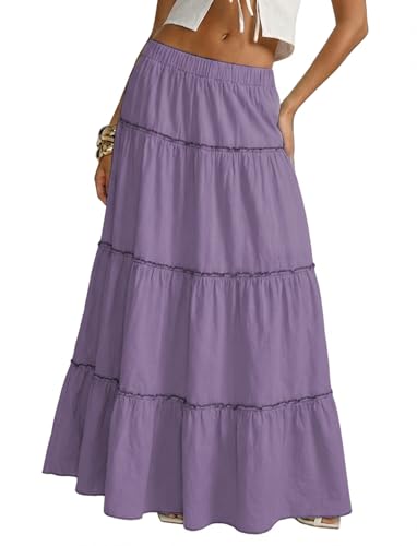 UpSpark Cotton Maxi Skirt for Women Flowy Tiered Boho with Elastic Waist