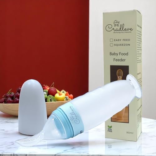Image of CRADLEVE Squeezon Baby Food Feeder (90ml), First Feed Silicone Food Feeder, Soft Silicone Spoon, BPA-Free for Cereals, Puree and Semisolids for Infants | Variable Flow Control /Anti Choke | 4m+ (Blue)