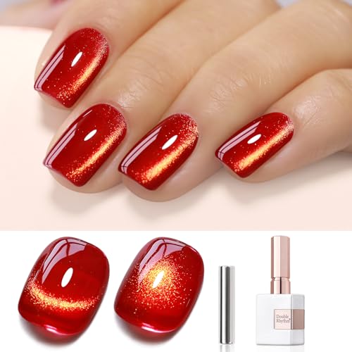 Image of Double Rhythm Cat Eye Gel Polish with Magnet 15ML Ice Glass Holographic Glitter Shimmer Translucent Sheer Color Salon Soak Off Magnetic at Home (Blood Red-MC1145)