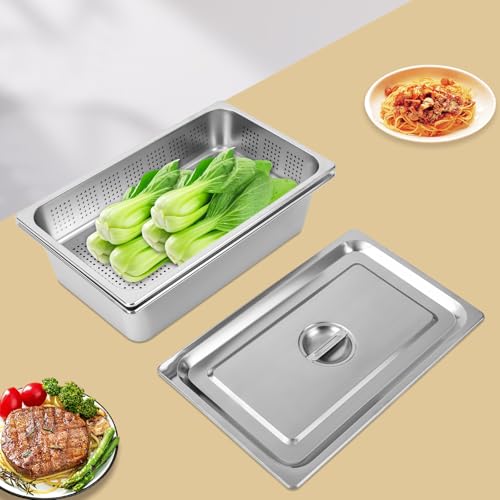 3 Pack Full Size Hotel Pan, Steam Table Pan with Perforated Steaming Basket and Lid, Food Warmer Tray Buffet Servers Pan Hot Water Pan for Restaurant Catering Kitchen Supplies (4 Inch, 6 Inch)