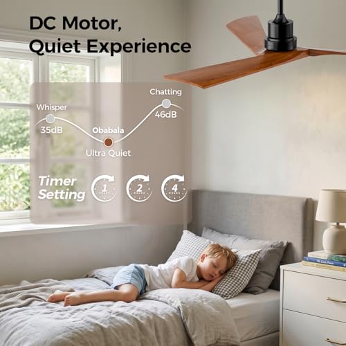 Image of Obabala Ceiling Fan 52 Inch with Remote, Solid Wood Blades DC Motor 5000 CFM Quiet 35dB, Reversible 6 Speed Modern Farmhouse for Bedroom Living Room Indoor Outdoor, No Light with Downrod