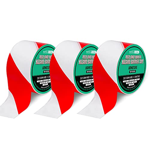 BufulCode Barrier Tape Adhesive (Red & White) – Pack of 3 Rolls | 50mm x 105m (345ft) Total Length | Strong Adhesion to Any Surface | High-Visibility Safety Tape | Waterproof