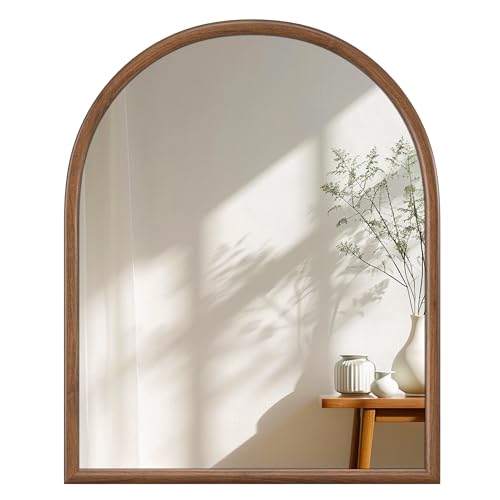 Image of 28 inchx32 inch Arch Wall Mirror for Wall, Wall Mounted Vanity Mirror for Bedroom, Wood Grain Finish Frame Mirror with Tempered Glass, Vintage Decorative for Bathroom, Entryway, Living Room, Walnut