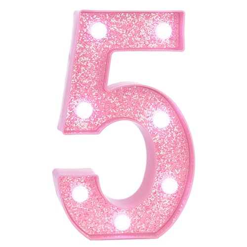 Image of Pink Light Up Marquee Numbers, Glitter LED Number Lights Signs Battery Operated for Girls 5th 15th 25th Pink Birthday Party Table Decorations, 8 Inch Tall Number 5 with Cool White Lights