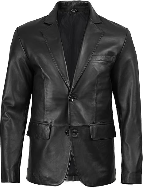 chava Men's Black Genuine Leather Blazer, Two-Button Classic Style, Notch Lapel, Regular Fit, Smart Casual-picture-33