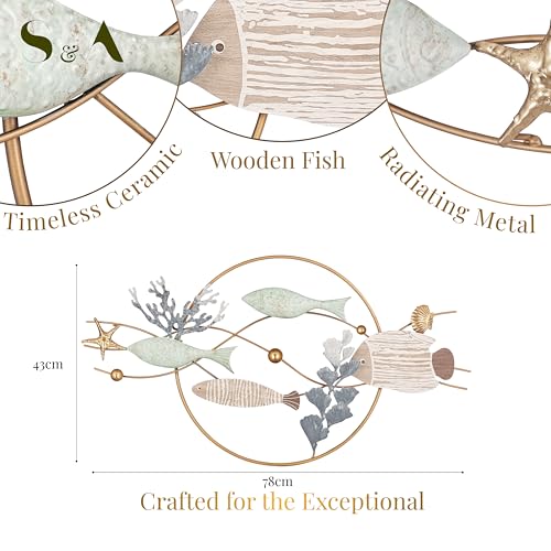 Image of S & A Underwater Ocean Life Metal Wall Art Decor - Large 78cm Coastal Wall Hanging with Wooden Fish & Coral Accents, Ocean Theme Artwork for Living Room, Bedroom & Home Decoration