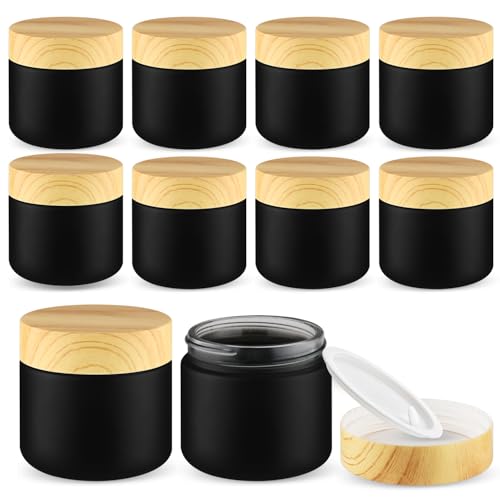 10 Pcs 60g/2oz Frosted Cream Jars Travel Size Glass Cosmetic Containers Empty Glass Jars with Wood Grain Lids for Makeup Lotion Face Cream - Black