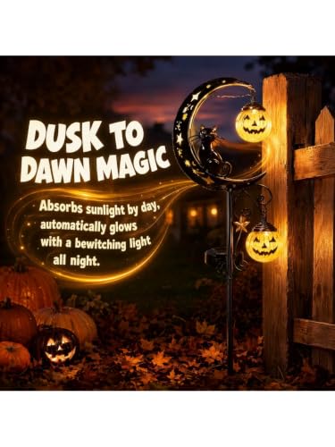 Solar Halloween Black Cat & Pumpkin Moon Garden Stake Light, Metal Crescent Moon & Pumpkin Lantern, Outdoor Waterproof LED Yard Decoration with Crescent Moon, for Patio Lawn Path Yard (D #) - image 6