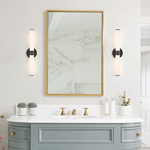 Image of JONATHAN Y 20 inch Oil Rubbed Bronze /White Integrated LED Vanity Light, Mid-Century Modern Iron Sconce with Frosted Acrylic Shade, Dimmable Bathroom Light Fixture for Mirror, 3000K (JYL7119C)