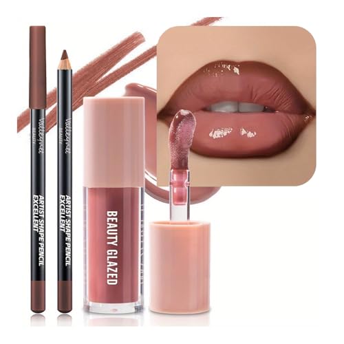 Lip Gloss and Lip Liner Set Tinted Lip Gloss with Lip Pencil Waterproof Long Lasting Glossy Lip Combo Nude Lip Makeup Kit for Women (#V05+104)