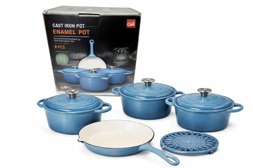 Conjunto de Panelas em Ferro Fundido Esmaltado, 5 Peças, Jogo de Cozinha, com Tampas e 1 Suporte, 3 Panelas Caçarolas 1 Frigideira Forno Fogão a Gás Indução (AZUL)