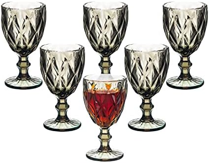 Vintage Wine Glasses Set of 6, 10 Ounce Colored Glass Water Goblets, Unique Embossed Pattern High Clear Stemmed Glassware Wedding Party Bar Drinking Cups Grey 1