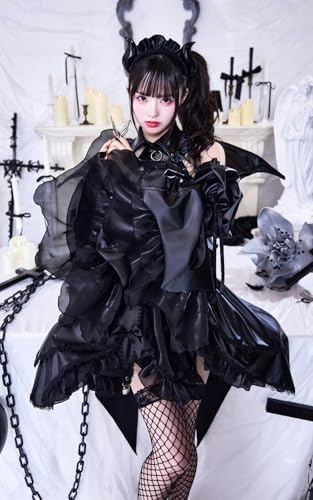 [Malymoon] コスプレ メイド ウエイトレス 家政婦 デーモン デビル 悪魔 黒 白 レザー 網タイツ 衣装 仮装 マリームーン 9点セット 10236-2 詳細画像2