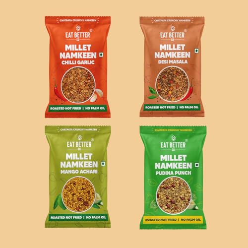 Image of Eat Better Co - Millet Namkeen Combo - Four Flavours - Desi Masala, Mango Achari, Pudina Punch and Chilli Garlic - 4 * 32 grams - Healthy Snacks for Adults Combo 128gm
