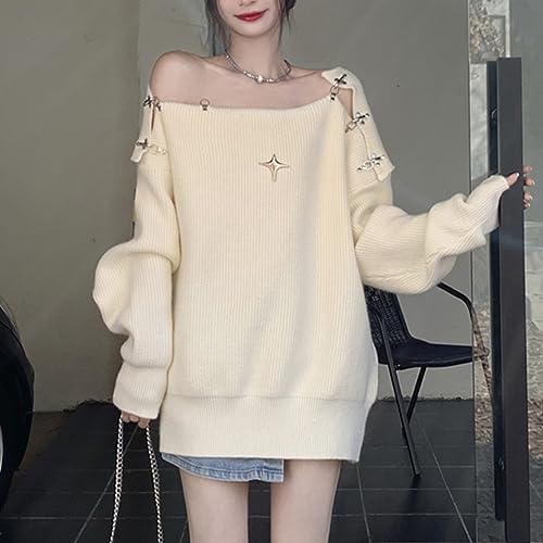 Women's 2023 Fall Casual Hollow Out Off Shoulder Sweater with Y2k Star Lazy Wind Knitted Long Sleeve Top Pullover Jumper4