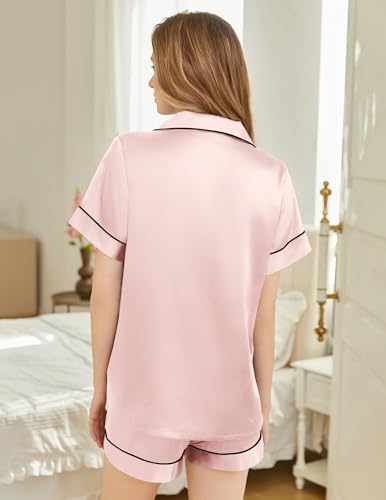 Image of Silk Pajamas for Women Short Sleeve Sleepwear Soft Button Down Loungewear 2 Piece Satin Pjs Shorts Set S-XXL