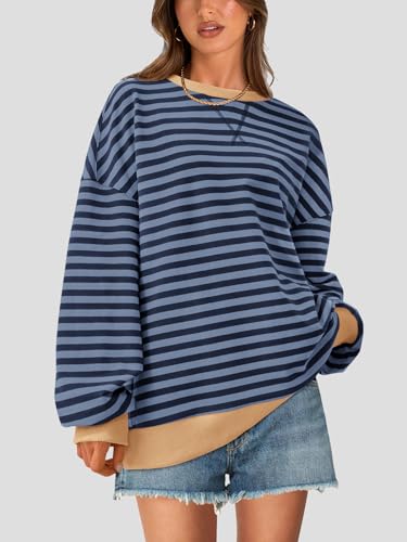 Image of PRETTYGARDEN Womens Striped Oversized Sweatshirt Color Block Crew Neck Long Sleeve Casual Loose Pullover Top Y2K Clothes