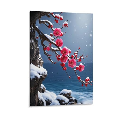 IEJKLUVWX Fleurs de prunier rouges dans la neige Tableau Mural Prune d'hiver Toile Impression HD Prêt À Accrocher Salon Chambre À Coucher Bureau Décoration...