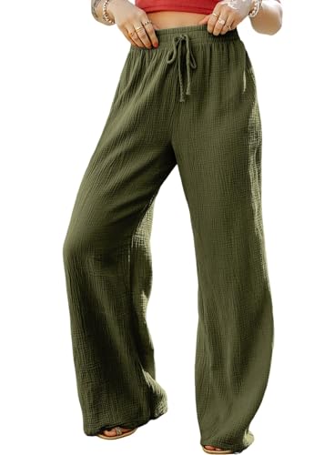 MARZXIN Women Linen Palazzo Wide Leg Pants Casual High Waist Stretchy Fall Loose Long Pants Trousers with Pockets3