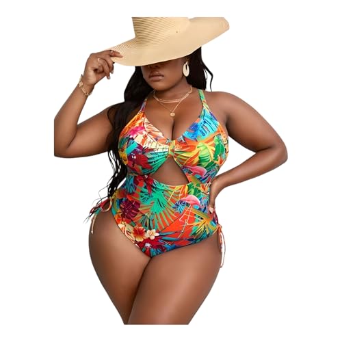 Tropical Print Two-Piece Swimsuit, Plus Size, Cutout Design with Cross-Back Straps, Multicolor