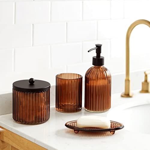 Kmwares 4Pcs Heavy Weight Decent Glass Bathroom Accessories Set With Decorative Pressed Pattern - Includes Hand Soap Dispenser & Tumbler & Soap Dish & Toothbrush Holder thumb #5