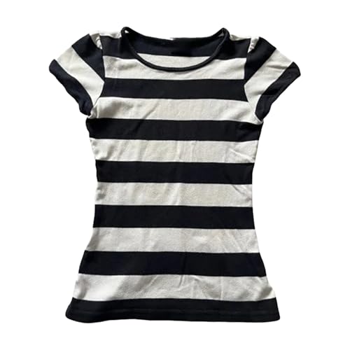 Y2k Grunge Shirts Alt Emo Clothes Women Vintage Graphic Tees 2000s Tops Teen Girls Whimsical Goth Short Sleeve Top (Striped Black,Large)