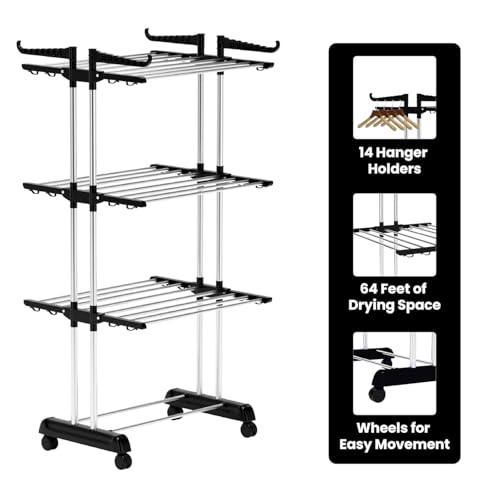 Image of TEKCOOL Foldable Cloth Drying Stand Stainless Steel - 3 Tier Heavy-Duty Clothes Dryer for Balcony, Indoor & Outdoor Use | with Wheels & Hanger Slots | Rust-Proof Laundry Rack (Black, 3 TIRE):