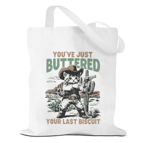 Retro Western Cowboy Cat Canvas Tote Bag, Reusable Grocery Shopping Shoulder Bag for Travel, Work Beach, Funny Cat Gifts for Women Friend Mom Girl Sister Animal Lovers Friendship Birthday Christmas