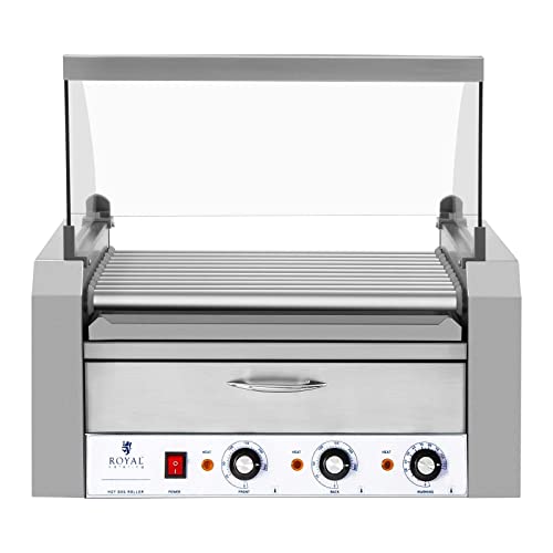 Foto von Royal Catering - Hot Dog Grill Hot Dog Maschine (11 Rollen, Edelstahl, 2.150 W, 2 Heizzonen, herausnehmbare Fettauffangschublade, Wärmeschublade, 20 Würstchen, mit Hartglasabdeckung)