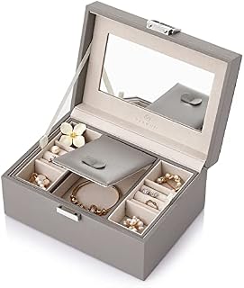 Vlando Jewellery Box for Women & Girls, Upgrade Design Jewellery Organiser, Double Layers Jewelry Storage Case with Mirror & Velvet for Bracelets Earrings Rings, Gift Idea (Grey)